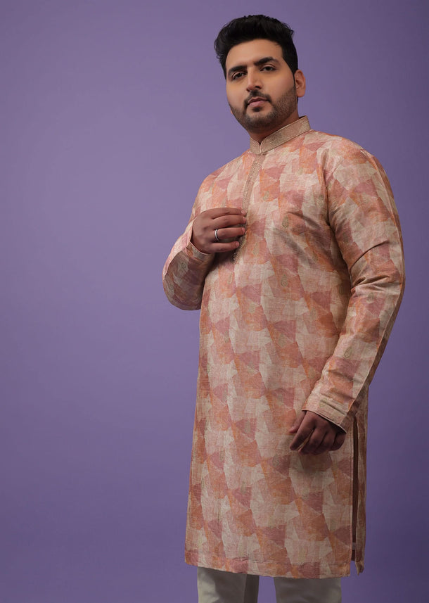 Peach Kurta Set In Bangalore Silk With Print And Brocade Weave Buttis