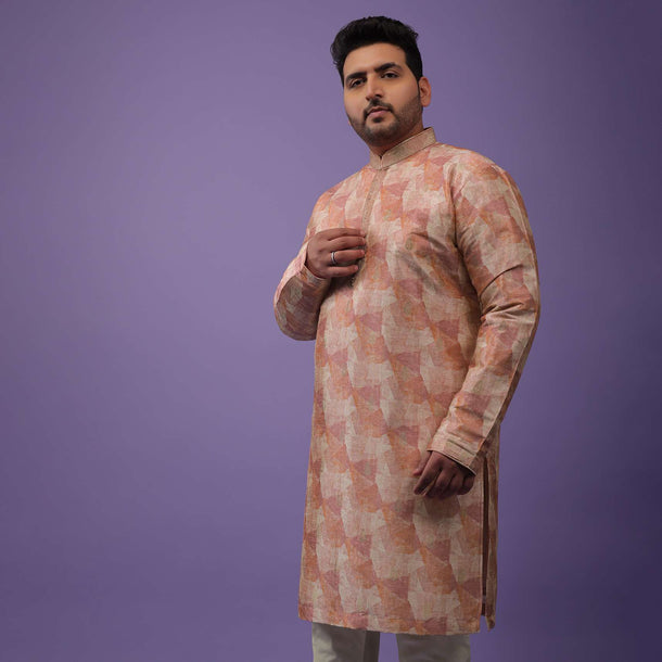 Peach Kurta Set With Print And Brocade Weave Buttis In Bangalore Silk