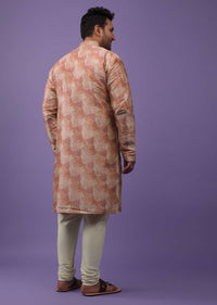 Peach Kurta Set With Print And Brocade Weave Buttis In Bangalore Silk