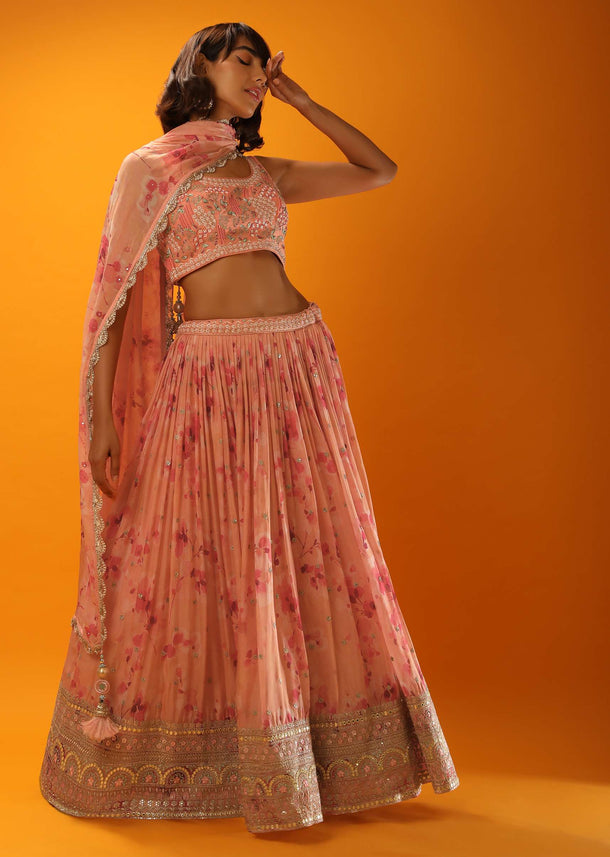 Peach Lehenga Choli With Tie Dye Print And Multi Colored Resham Work