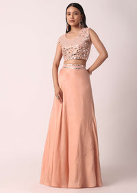 Peach Lehenga Set With Mirror Work Jacket