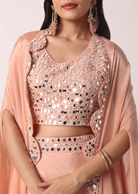 Peach Lehenga Set With Mirror Work Jacket