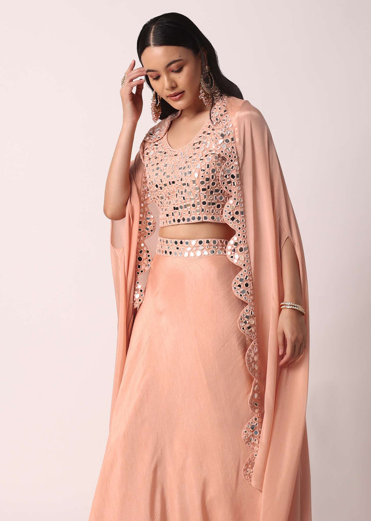 Peach Lehenga Set With Mirror Work Jacket