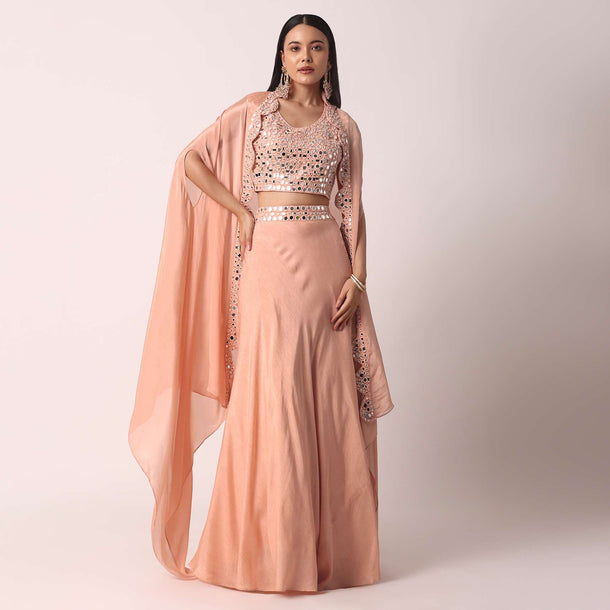 Peach Lehenga Set With Mirror Work Jacket