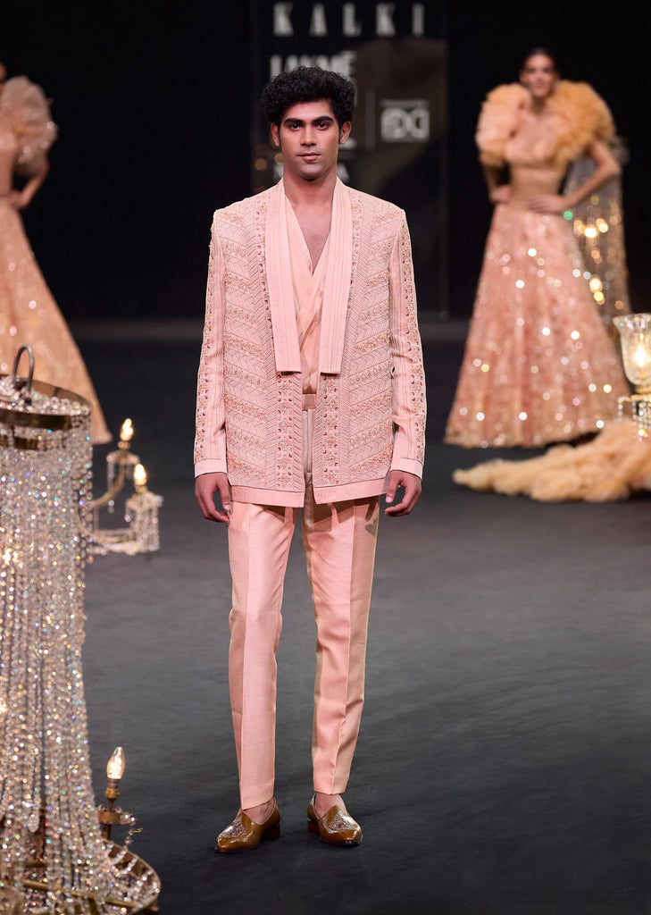 Peach Linen Satin Lapel Tuxedo With Shirt And Pants