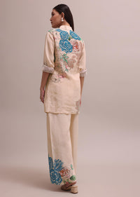 Peach Linen Summer Co-ord Set With Floral Stripe Print Kurta And Pants