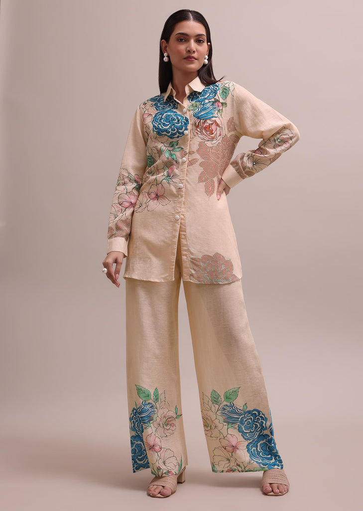 Peach Linen Summer Co-ord Set With Floral Stripe Print Kurta And Pants