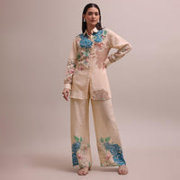 Peach Linen Summer Co-ord Set With Floral Stripe Print Kurta And Pants