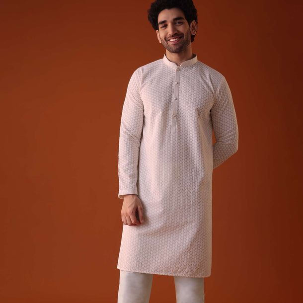 Peach Lucknowi Kurta And Churidar Set In Cotton