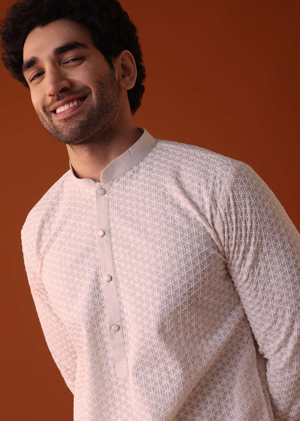 Peach Lucknowi Kurta And Churidar Set In Cotton