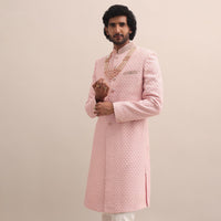 Peach Lucknowi Sherwani In Silk For Men