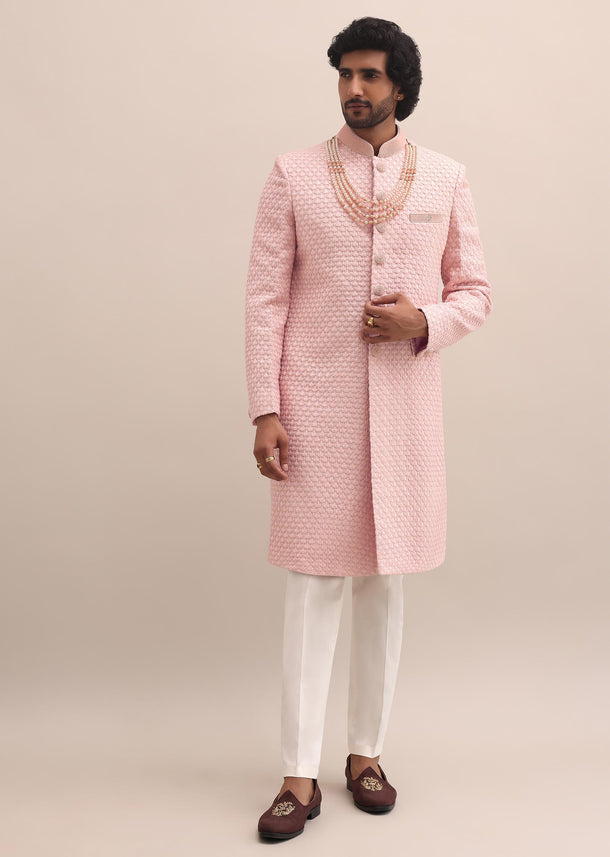 Peach Lucknowi Sherwani In Silk For Men