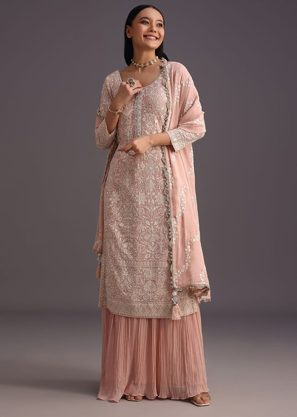 Peach Lucknowi Work Kurti With Flared Palazzo And Resham Dupatta