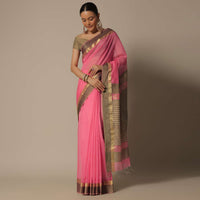 Peach Maheshwari Chanderi Silk Saree With Jute Woven Pallu