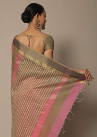 Peach Maheshwari Chanderi Silk Saree With Jute Woven Pallu