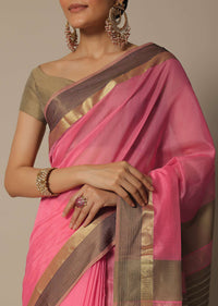 Peach Maheshwari Chanderi Silk Saree With Jute Woven Pallu