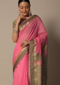 Peach Maheshwari Chanderi Silk Saree With Jute Woven Pallu