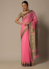 Peach Maheshwari Chanderi Silk Saree With Jute Woven Pallu