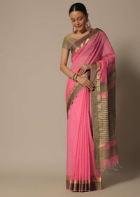 Peach Maheshwari Chanderi Silk Saree With Jute Woven Pallu