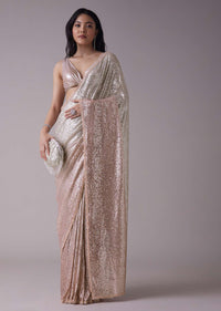 Peach Pink And Silver Toned Sequins Saree With An Embellished Border