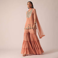 Peach Mirror Embellished Kurta Sharara Set