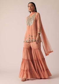 Peach Mirror Embellished Kurta Sharara Set