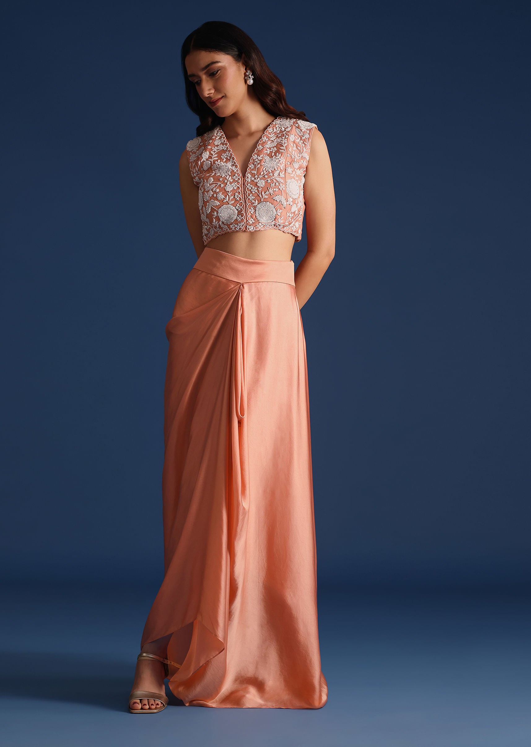 Peach Moti Work Jacket With Skirt And Crop Top | KALKI FASHION UK