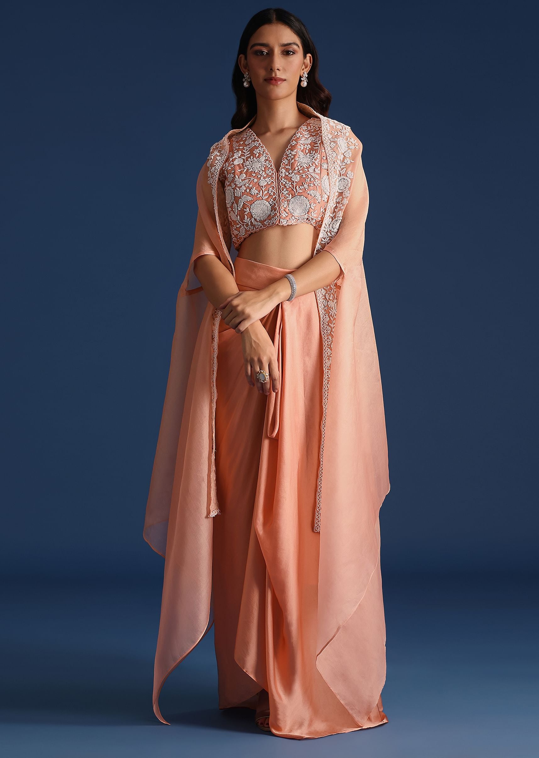 【未使用】THE TOE Peckham Jacket + Skirt Peach Moti Work Jacket With Skirt And Crop Top | KALKI FASHION UK
