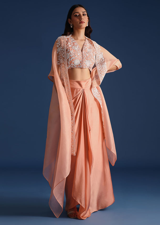 Peach Moti Work Jacket With Skirt And Crop Top