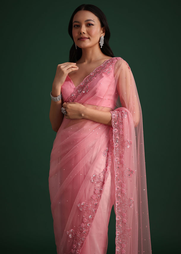 Pink Net Embroidered Saree With Cudtana And Sequin Work