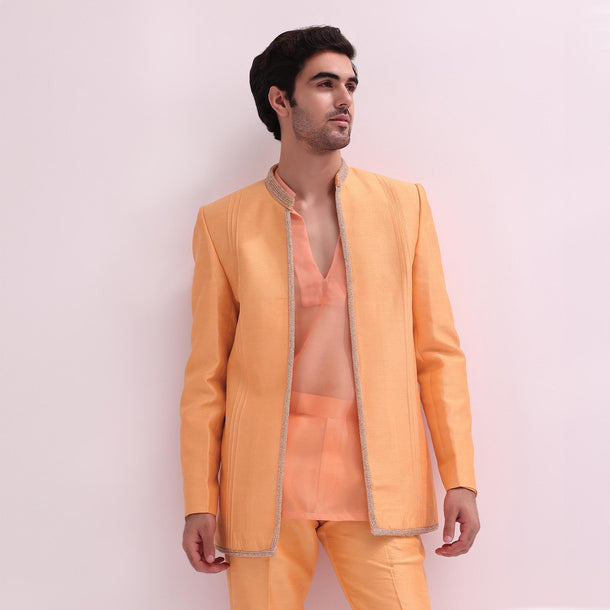 Peach Ombre Pintuck Laced Bandhgala With Kurta And Pants