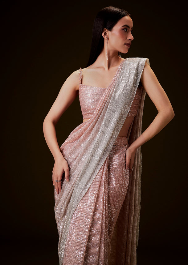 Peach Ombre Pre Drape Saree With Off Shoulder Boat Neck Blouse