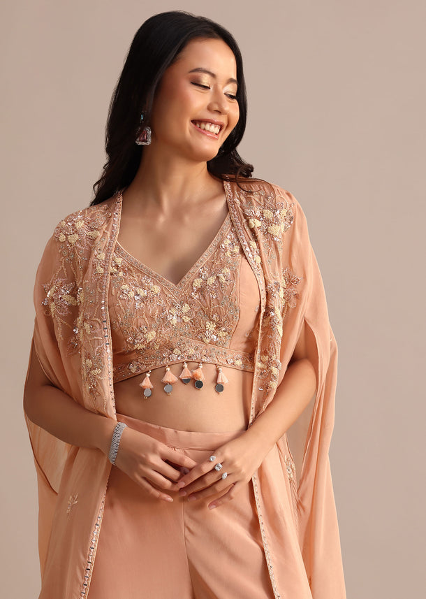 Peach Organza Crop Top Suit With Embroidered Jacket