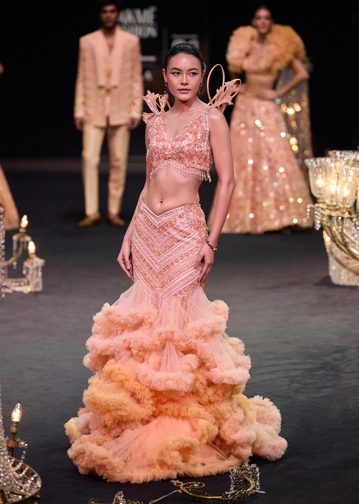 Peach Organza Cutdana Trail Lehenga With Feather Sleeve Blouse