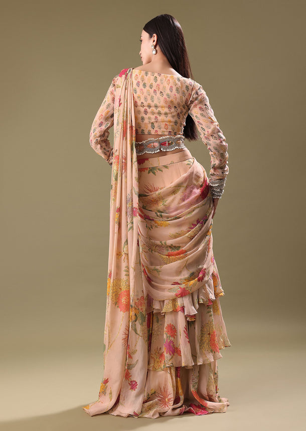 Peach Organza Pre Draped Saree With Embroidered Blouse