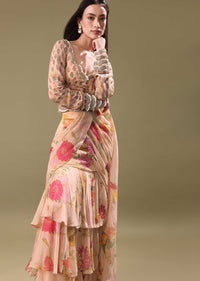 Peach Organza Pre Draped Saree With Embroidered Blouse