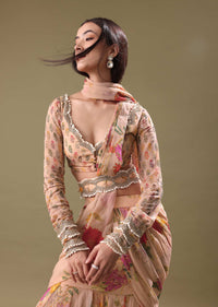 Peach Organza Pre Draped Saree With Embroidered Blouse