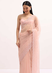 Peach Organza Saree In Sequins With Unstitched Blouse