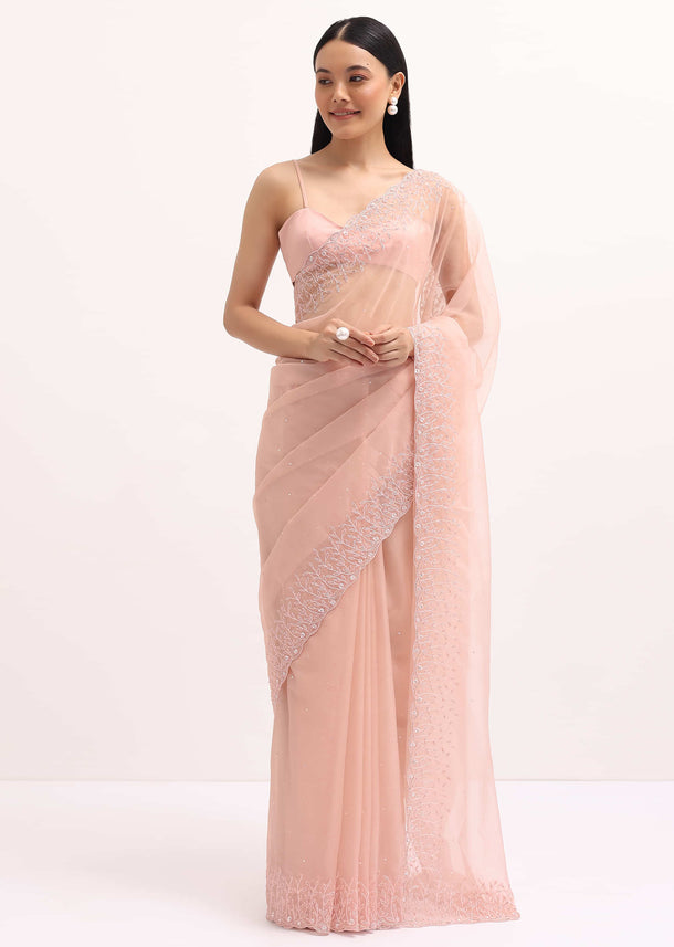 Peach Organza Saree In Sequins With Unstitched Blouse