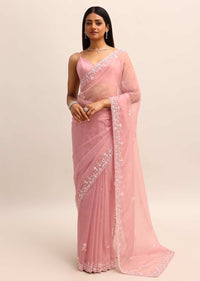 Peach Organza Saree With Beads And Sequins Work And Unstitched Blouse