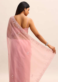 Peach Organza Saree With Beads And Sequins Work And Unstitched Blouse