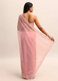 Peach Organza Saree With Beads And Sequins Work And Unstitched Blouse