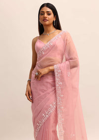 Peach Organza Saree With Beads And Sequins Work And Unstitched Blouse