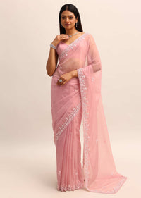 Peach Organza Saree With Beads And Sequins Work And Unstitched Blouse