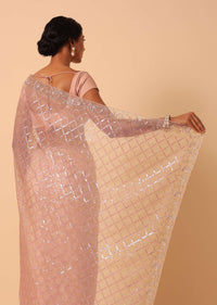 Peach Organza Saree With Cutdana Work And Unstitched Blouse Piece