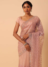 Peach Organza Saree With Cutdana Work And Unstitched Blouse Piece