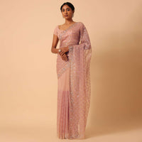 Peach Organza Saree With Cutdana Work And Unstitched Blouse Piece