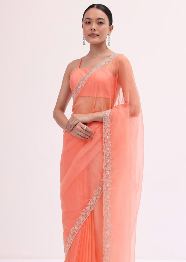 Peach Organza Saree With Unstitched Blouse