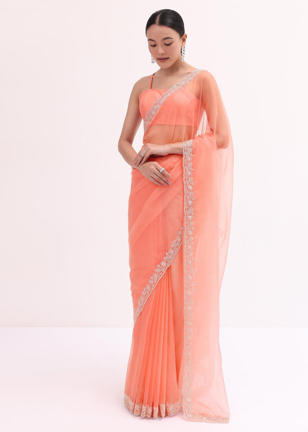 Peach Organza Saree With Unstitched Blouse
