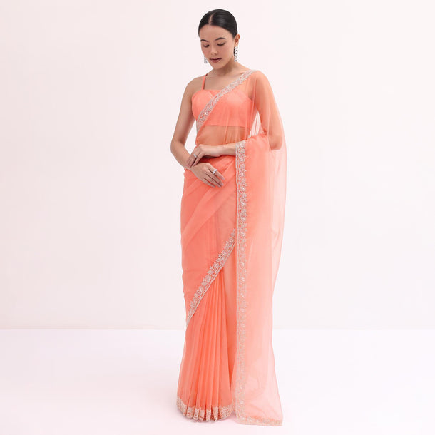 Peach Organza Saree With Unstitched Blouse